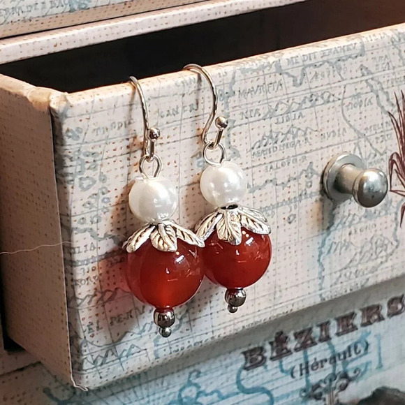 Handcrafted Red Carnelian Gemstone White Faux Pearl Silver Dangle Earrings - Picture 5 of 9